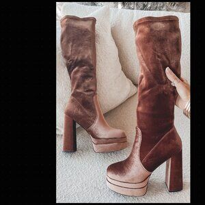 London Rag Lazuli Brown Sugar Velvet Heeled Boots Knee High sz 10 or 41